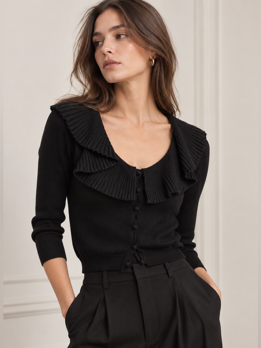 Valentino Roma Black Ruffle Collar Cardigan Made in Italy